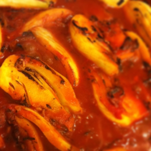 [Leaf Parade. Braised fennel wedges with saffron and tomato.]